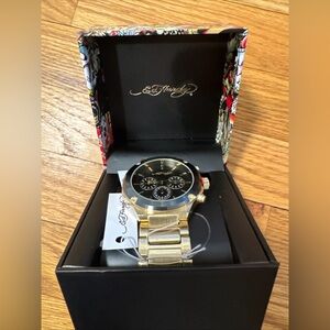 Ed Hardy Gold Tone Chronograph Black Dial Mens Watch Crystal Bezel NWT